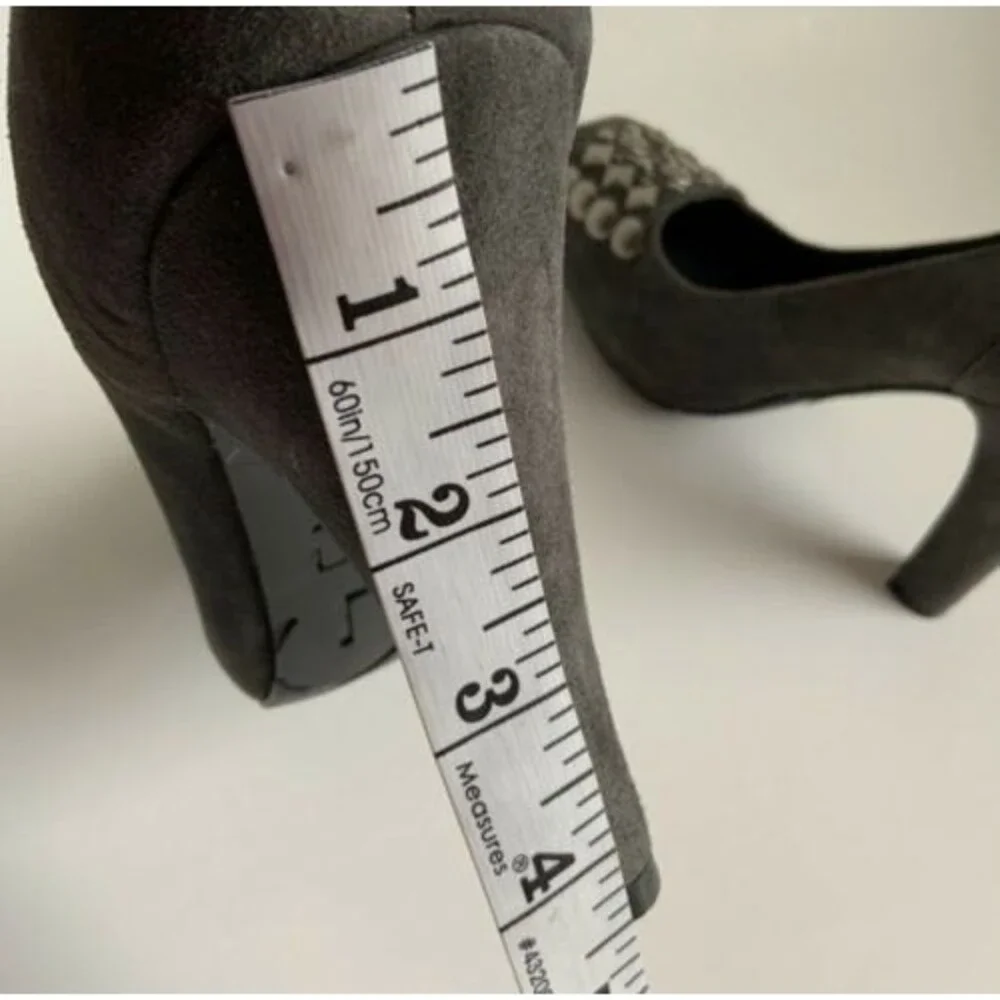 BCBG Galena Suede Square-toe Embellished Heels Gray 7.5